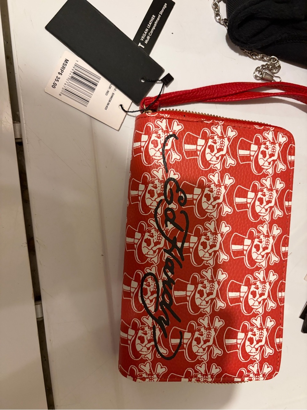 Ed Hardy Red Wristlet Wallet with White Skull Pattern